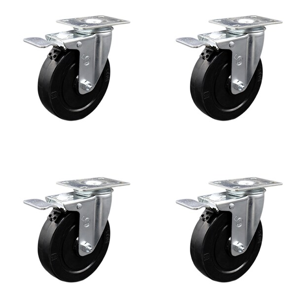 5 Inch SS Soft Rubber Wheel Swivel Top Plate Caster Set Total Lock Brake SCC